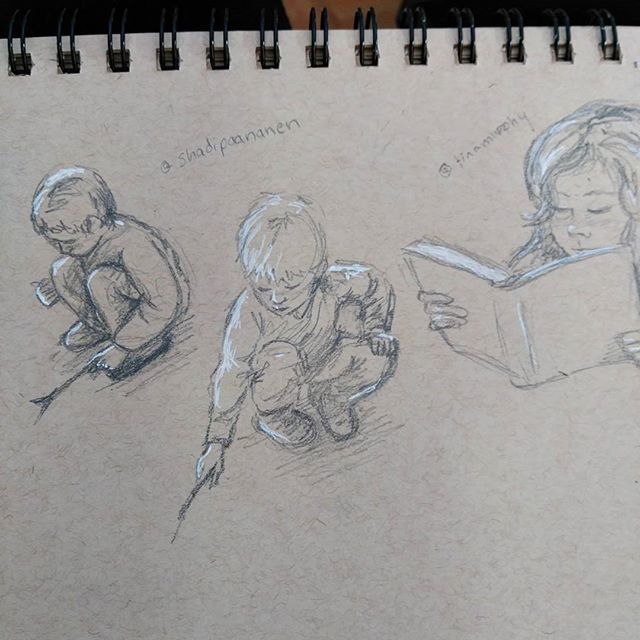 Today's #instagramkids #sketchart inspired by @shadipaananen and @tinamurphy #Art r #drawing #kids #unschooling #unschooled #children #illustration #sketchbook #sketch #reading #play #pencilsketch . #pencil & white #gellyroll on #strathmore #tonedpaper