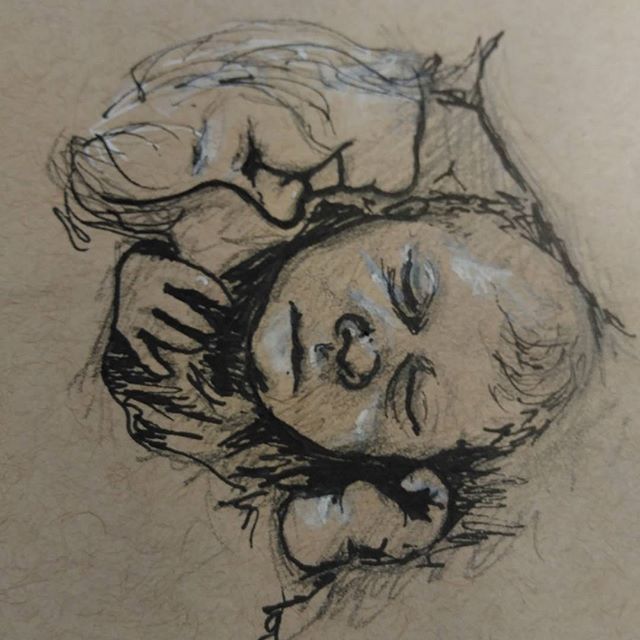 Quick #sketch of @musketeermama 's little ones. #penandpaper #prismacolor#copic #ink on #strathmore #tonedpaper with #gellyroll  #sketchbook #art #ink #instart #baby #children #snuggle #cuddles #siblings