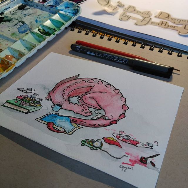 Working on new logo and a preparing for a giveaway all at the same time. #art #Watercolor#Dragon#mice #books #illustration #logo #artist #artwork #instart