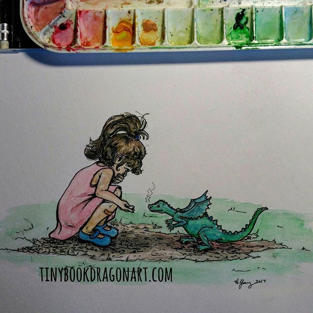Making New Friends.#Watercolor #painting #art #Dragon #drawing #childhood #imagination #magic #bestfriend #gift #present #newfriends #illustration #ponytail