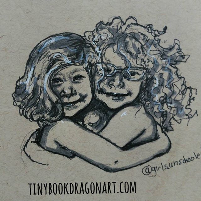 Sisterly love (momentarily). Inspired by @girls_unschooled and her super fun daughters..#art #artistofig #illustration #illustrationart #drawing #sketchbook #sketch #kidlitart #sisters #love #hug #curlyhair #naturalcurls