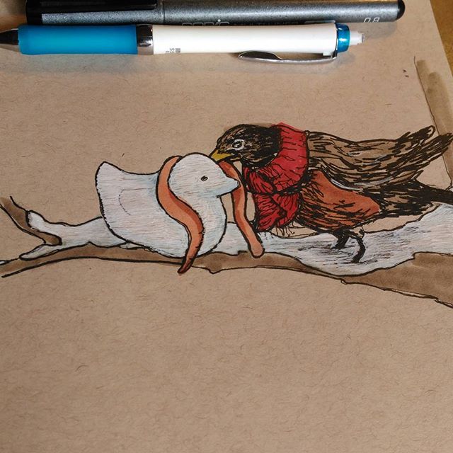 "Do you want to build a snowbird?" A #bird building a friend for my bird and winter loving girlie, @jellynerd.#prismacolor And #copic #ink , white #gellyroll , #blickartmaterials #marker on #strathmore #tonedpaper .#sketch #sketchbook #robin #winter #snow #Art #drawing #january