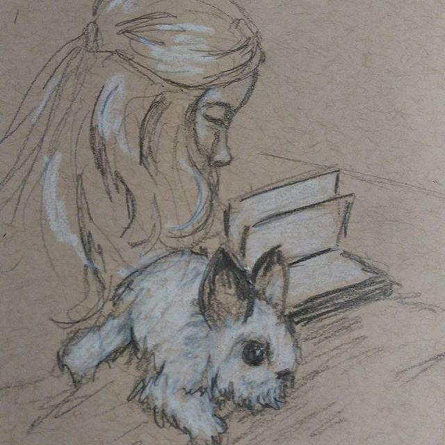 Today's #instagramkids #sketch  inspired by @colleen.lunt #drawing #sketchbook #pencilsketch on #strathmore #tonedpaper with white #prismacolor  #art #bunny #rabbit #child #book #reading