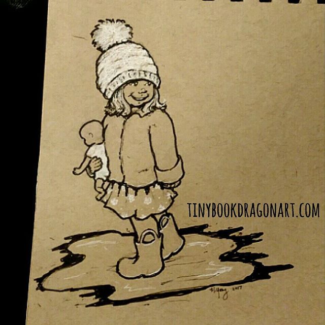Stuck at ER for mom-in-law so inking sketches. #ink #art #sketchart #sketch  #drawing #illustration #child #doll #puddle #rainboots #toddler white #gellyroll #copic #prismacolor #strathmore #tonedpaper