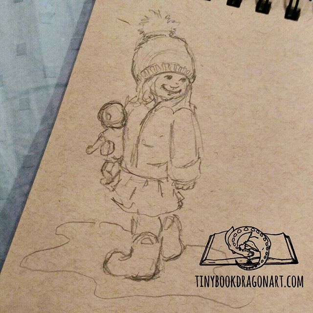 Quick #instagramkids #sketch inspired by @kerrypedder . Managed to grab a #pencil but no eraser and my art bag is in the other room so eraser-free #drawing. ? On #strathmore #tonedpaper #sketchbook #thesketchcollective #art #artist #kidlitartist #illustration #child #doll #puddle #rainboots #toddler