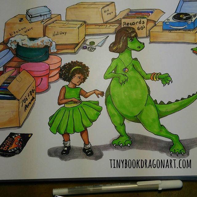 Coughing too much to draw so another repost of an illustration from my book, Dana Dreamed a Dragon. Dana and Dragon do the Watusi. .Now back to watching/listening to nature documentaries. Tell me I am not the only one who drowses to nature documentaries when sick..#art #illustration #childrensbook #picturebook #childrensrhyme #drawing #markers #blickartmaterials #blickstudio #copic #ink #kidlut #kidlitart #kidlitillustration #naturalhair #dragon #Watusi #dance #recordplayer #pretendfriend #pretendplay #grandmasattic