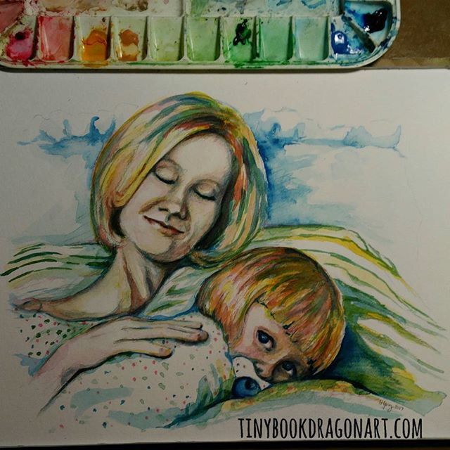 Inspired by the gorgeous old photo @mwunderpants posted on Facebook today.#Watercolor on paper. #threecolorpainting #motherhood #cuddles #toddler #sleepy #art #fineartist #fineart #illustration #artist
