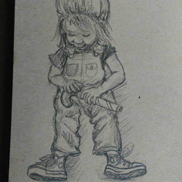 This little cutie in her overalls and Chucks is one of my nieces. So fun. #art #children #child #kidlitart #illustration #chucks #pencilsketch #pencil