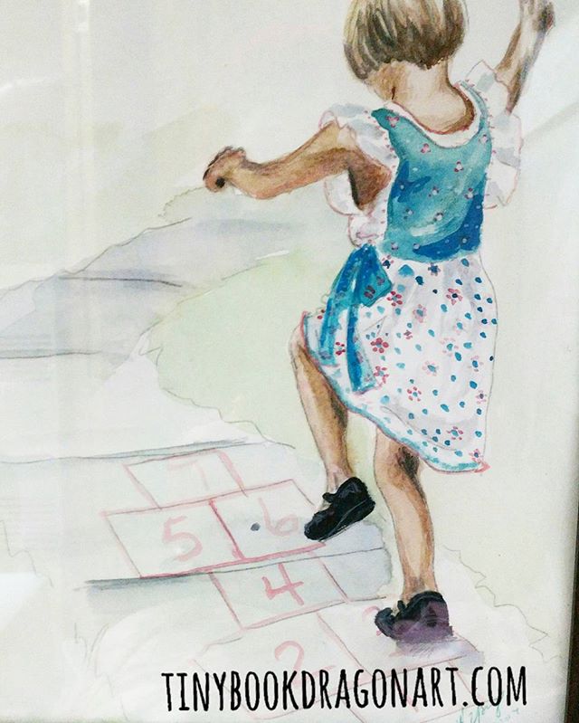 Hopscotch. .Working on a huge private commission so here is an old Watercolor from 11years ago of my youngest daughter. At the time she was a constant blur in photos but she was fun to paint.. #Watercolor #hop #hopscotch #painting #oldart #child #play #magicalchildhood #childhoodunplugged #kidlitart